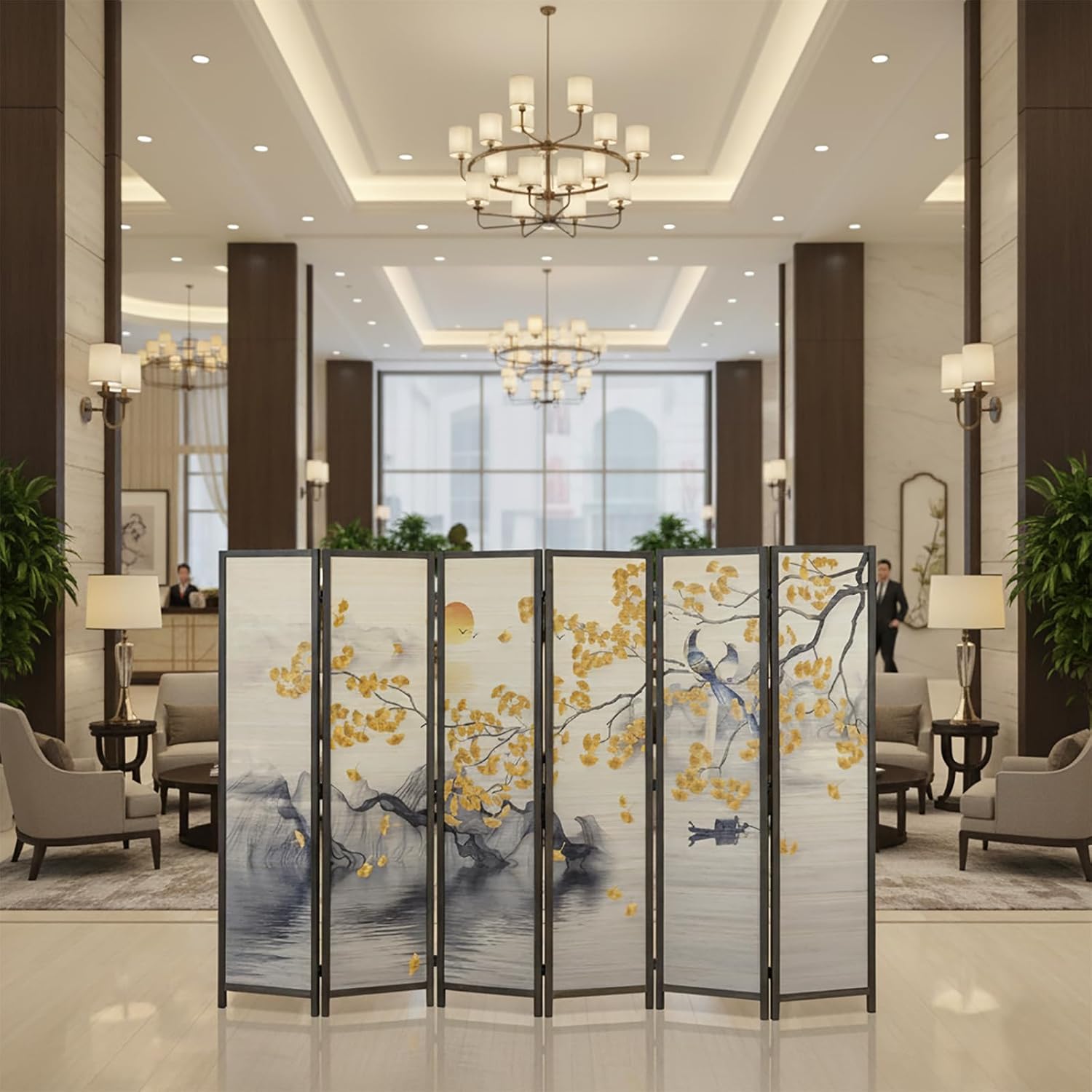 MyGift 6-Panel Large Bamboo Room Divider with Dual-Sided Asian Birds and Gingko Tree Sunset Print, Freestanding Privacy Screen with Brown Solid Wood Frame