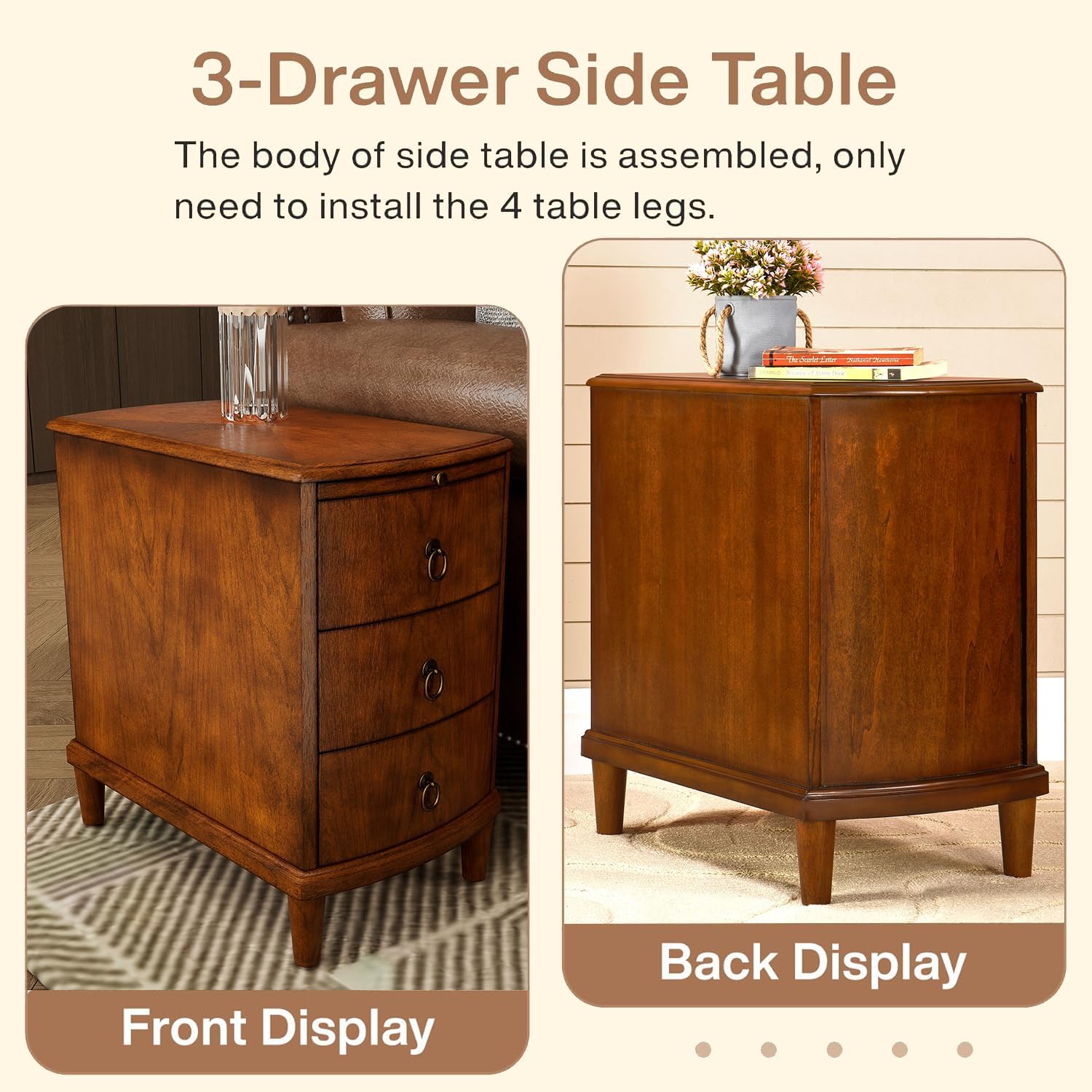 PADMA HOUSE Solid Wood End Table with 3 Drawers, Fully Assembled Nightstand with Sliding Shelf, Pre-Assembled Vintage Wooden Beside Table in Cherry Brown for Small Space,13.4 * 22.4 * 22.6in