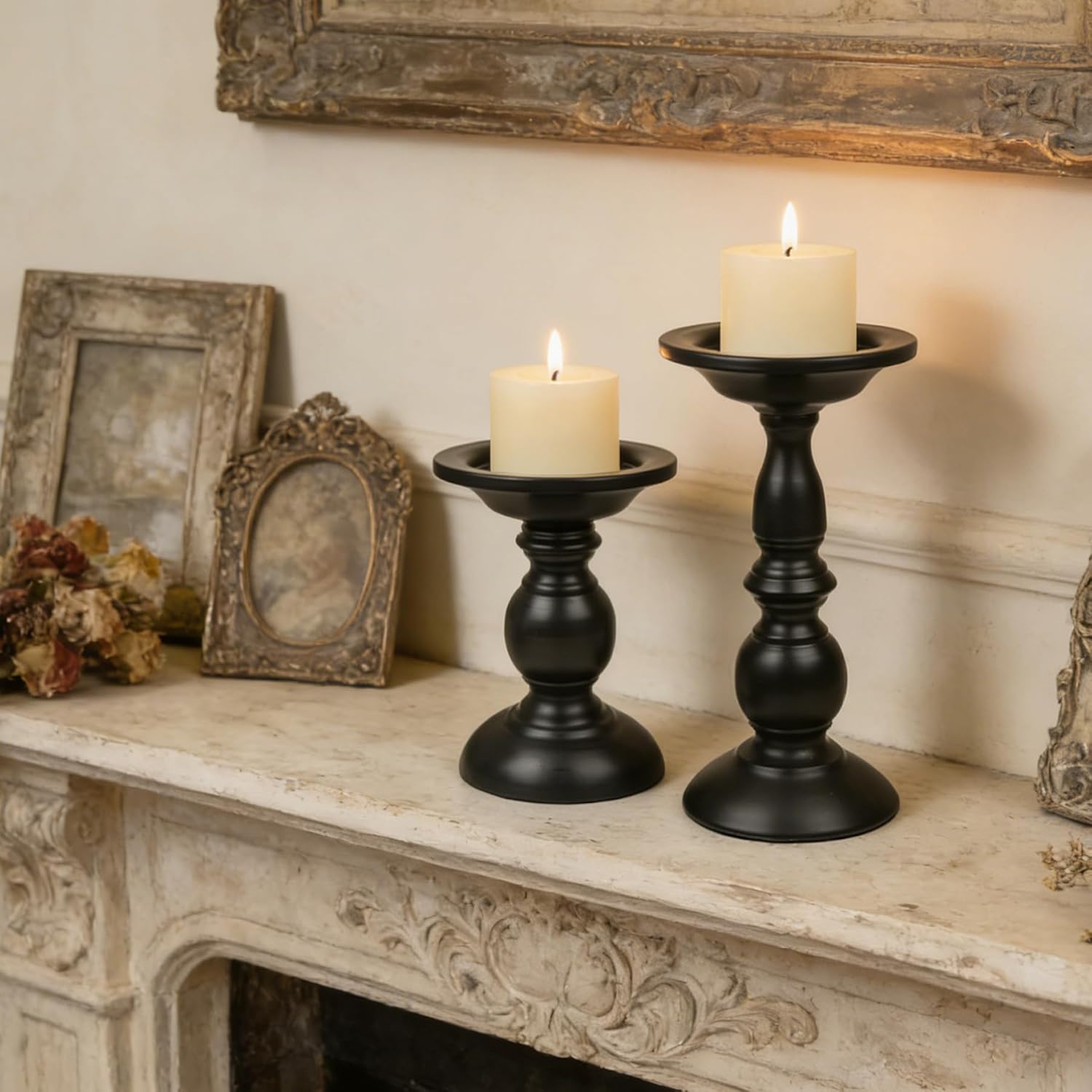 Earl Diamond Matte Black Pillar Candle Holders Set of 2, Vintage Iron Candle Holder for Table Centerpiece, Fireplace Decor, Dining and Living Room Decoration, Applicable to Pillar Candles