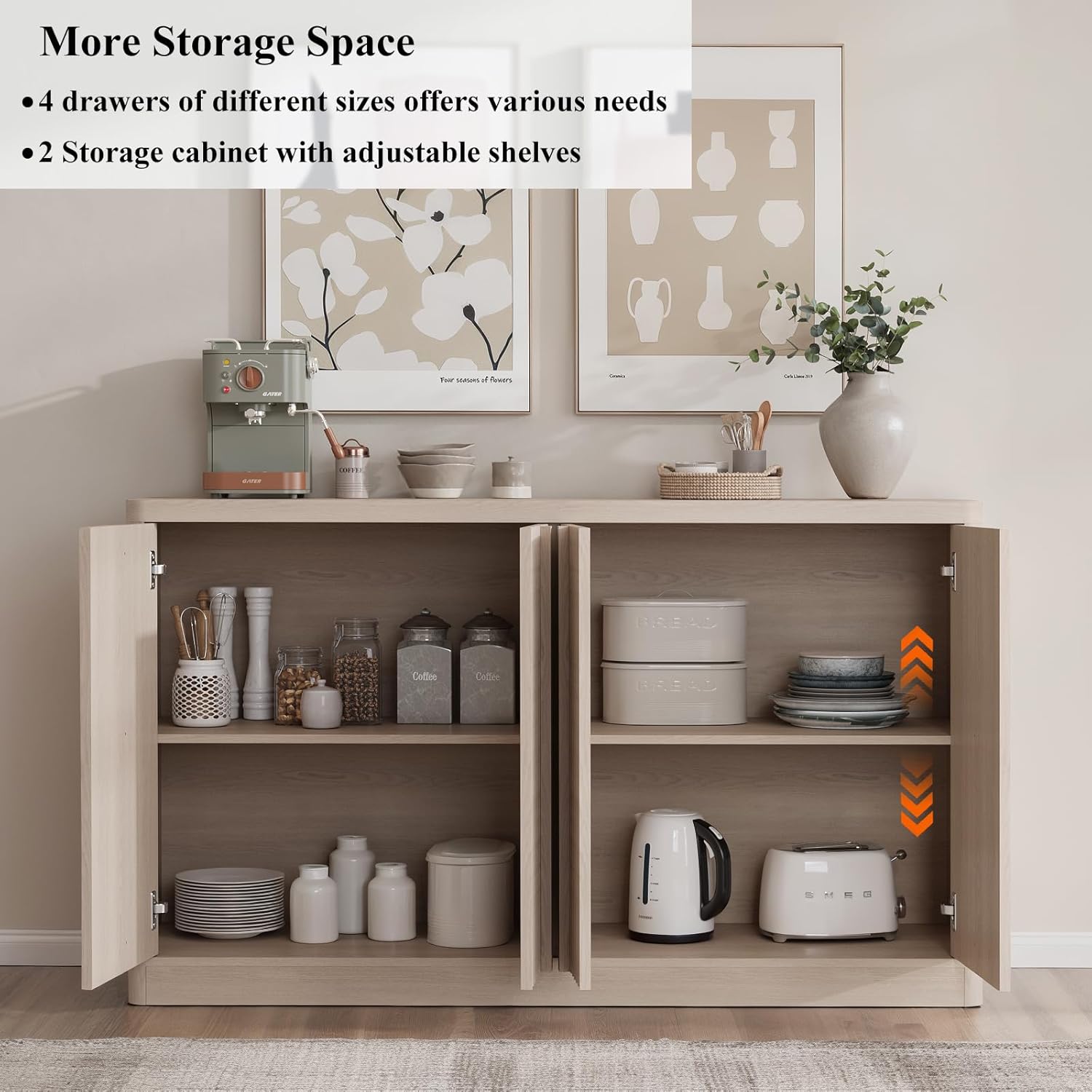Fluted Buffet Cabinet with Storage, 120" Sideboard Buffet Storage Cabinet with 8 Doors & Solid Wood Handle, Coffee Bar Wood Credenza Cabinet for Kitchen, Living Room, Hallway, White Alder(2PCS)