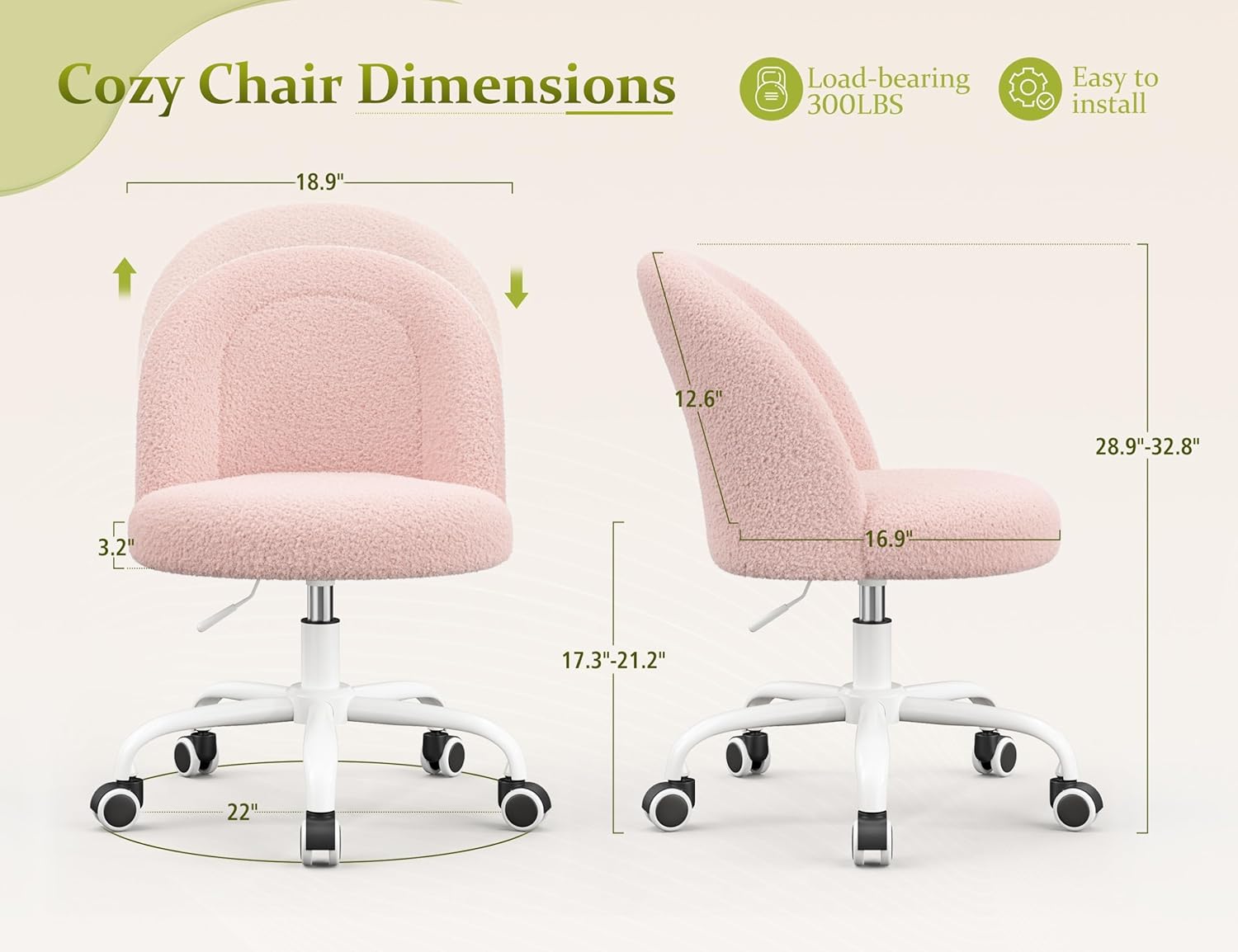 DurayLoly Vanity Chair with Wheels, Cute Desk Chair with Back, Armless Chair with Height Adjustable & 360° Swivel, Soft Lumbar Support for Small Space, Bedroom, Gentle Pink