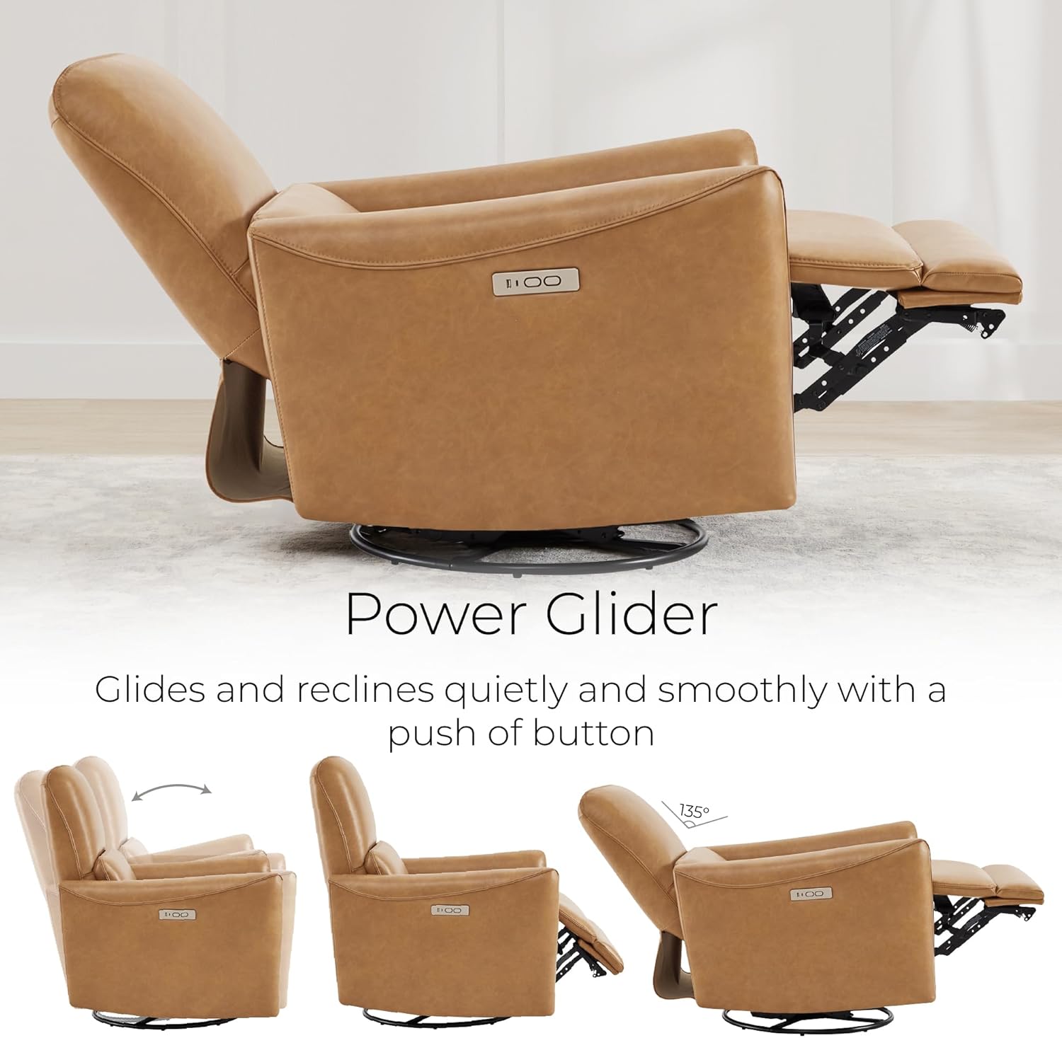 CHITA Oversized Power Recliner Chair Swivel Glider for Big and Tall, FSC Certified Faux Leather Living Room Nursery Rocking Chair with Lumbar Support, Cognac Brown