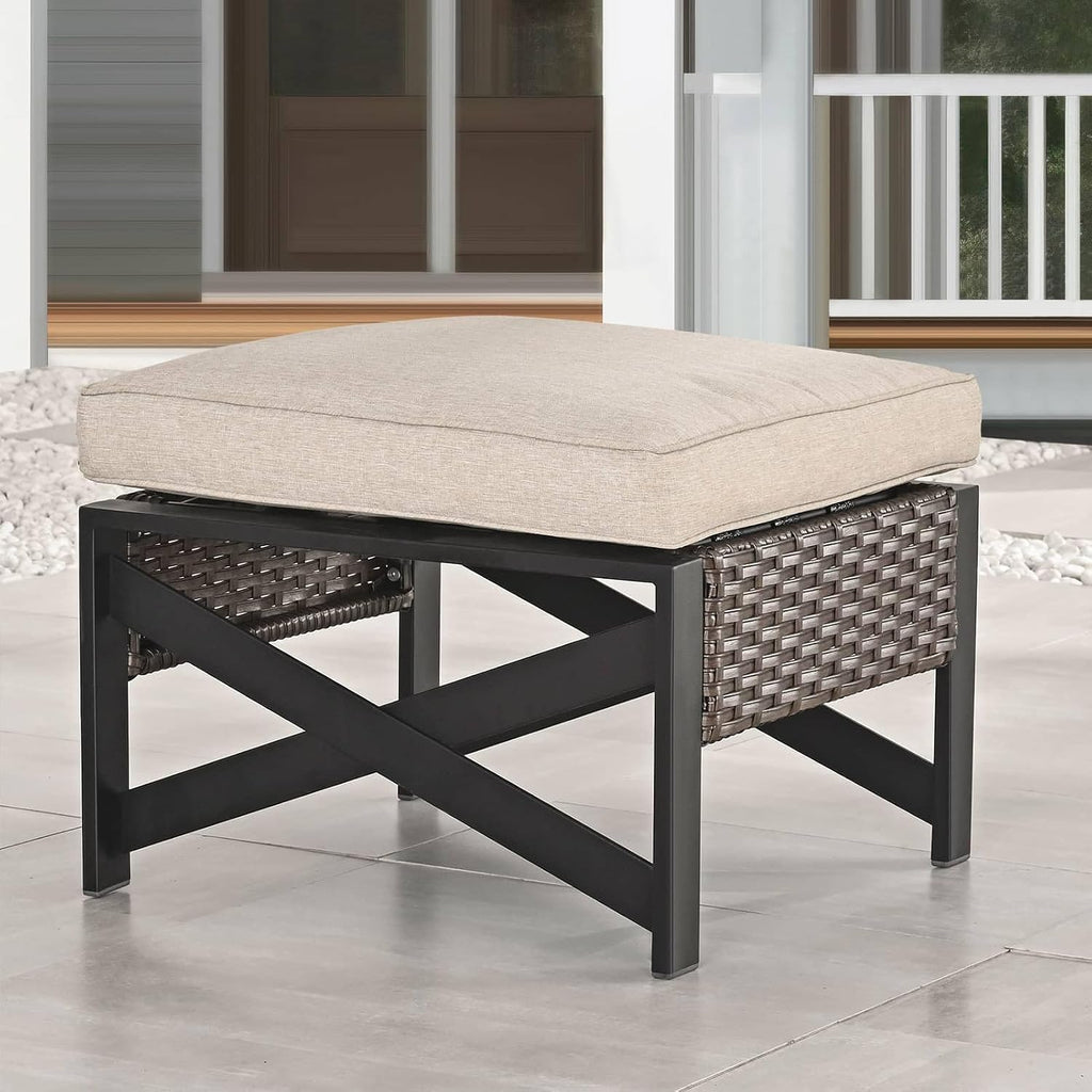 Outdoor Cushioned Ottoman Square Wicker Patio Furniture Ottoman with Beige Cushion Metal Steel Frame