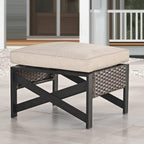 Outdoor Cushioned Ottoman Square Wicker Patio Furniture Ottoman with Beige Cushion Metal Steel Frame