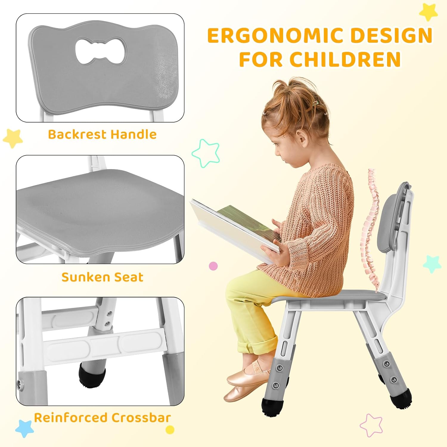 Arlopu Kids Table and 4 Chairs Set, Height Adjustable ((18.9"–23.6"), Anti-Slip Childrens Activity Desk, Wipe-Clean Desktop, Montessori Learning, Drawing for Toddler, Classroom, Home & Daycare (Grey)