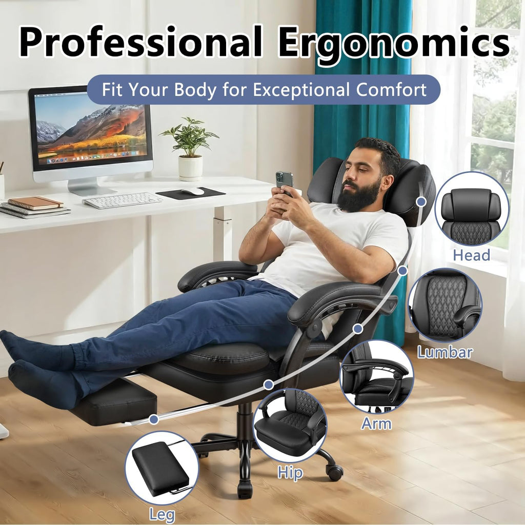 Office Chair with Foot Rest 400lbs, High Back Leather Office Chair Big and Tall, Heavy Duty Ergonomic Executive Desk Chair for Home Office, Black