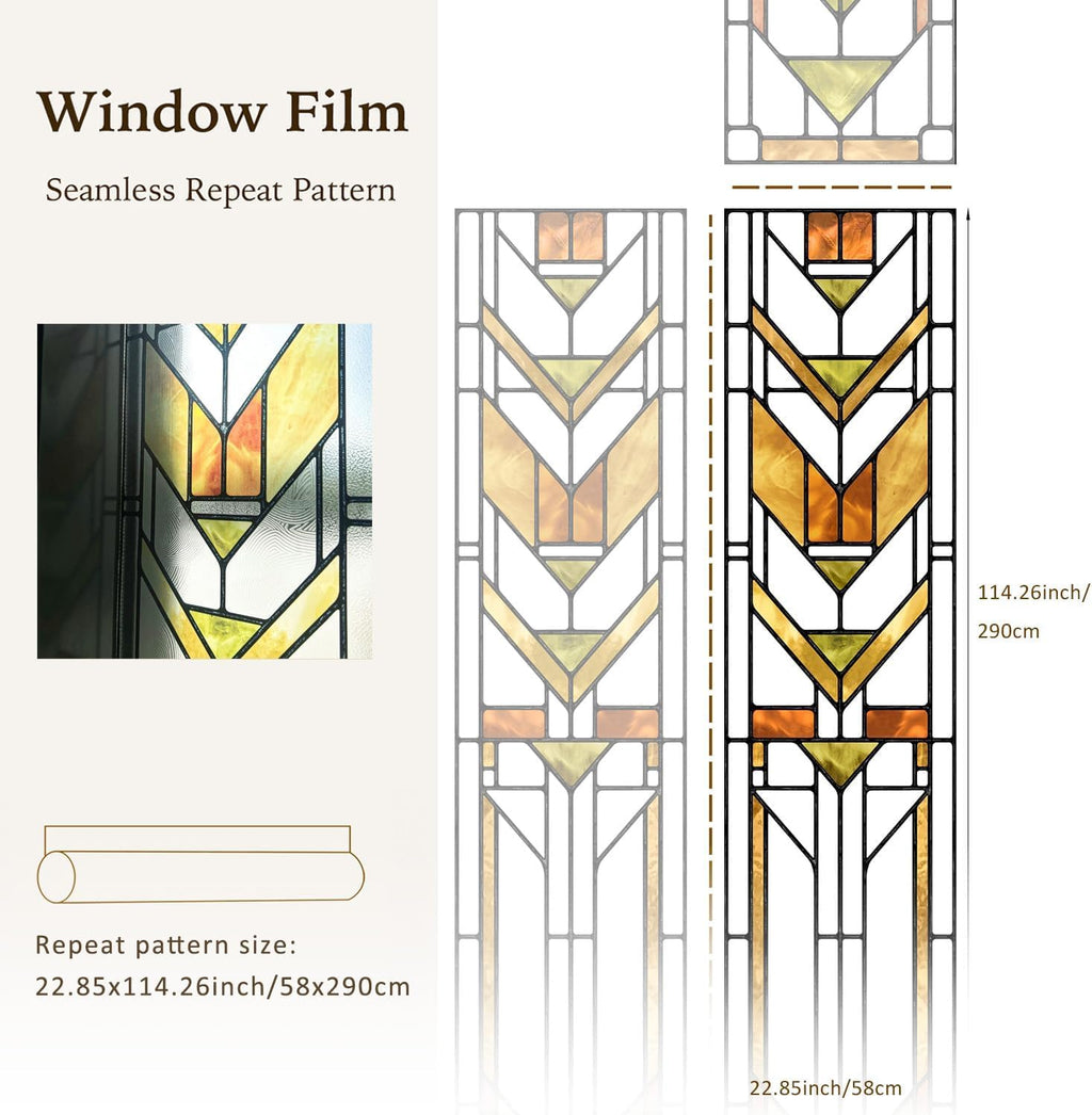 Original Hand Drawn Faux Stained Glass Window Film, Double-Sided Privacy Static Film, Boho Geometry Patterns Inspired by Martin House Peep Proof 22.83"X114.17"