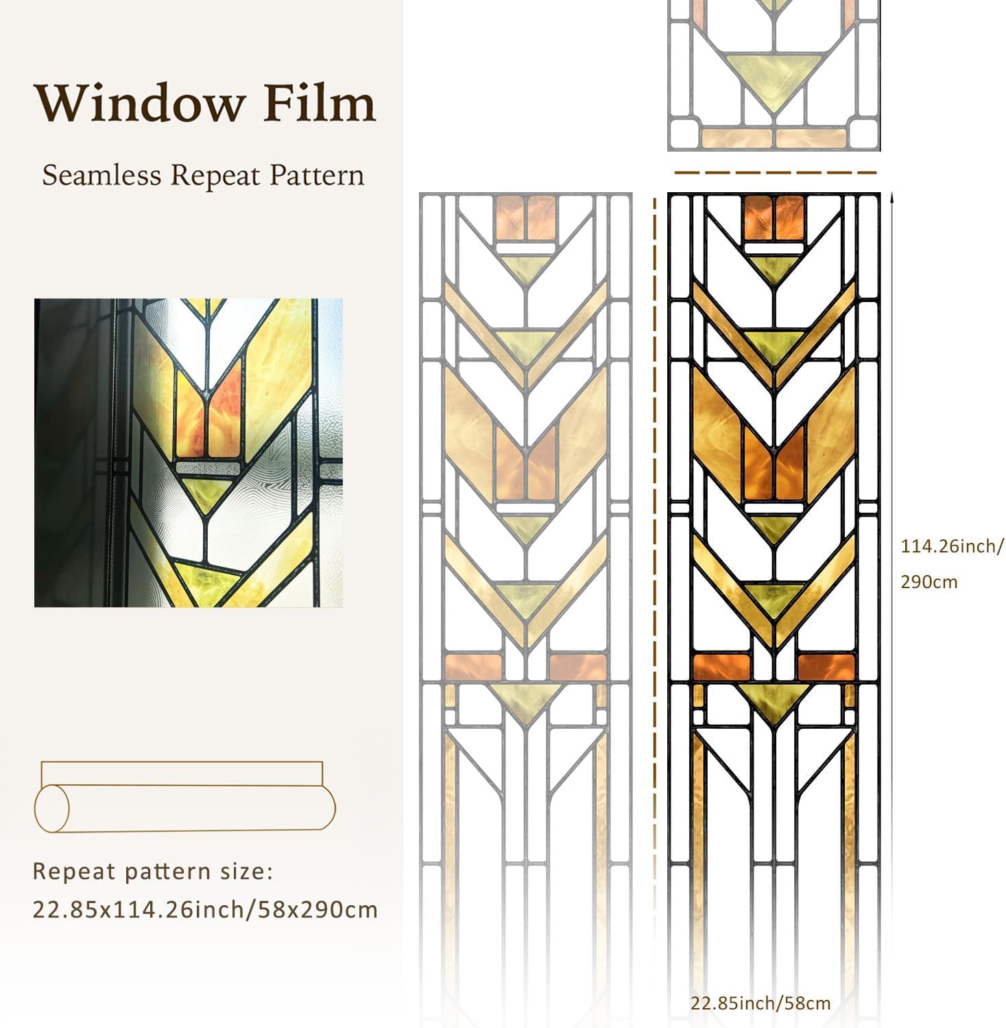 Original Hand Drawn Faux Stained Glass Window Film, Double-Sided Privacy Static Film, Boho Geometry Patterns Inspired by Martin House Peep Proof 22.83"X114.17"