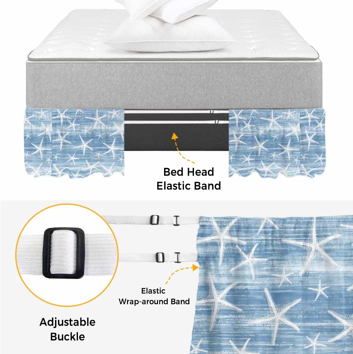 Blue Coastal Starfish Bed Skirt Queen Size 16 Inch Drop, Adjustable Elastic Bedskirt Dust Ruffle for Queen Bed, Nautical Summer Beach Ocean Wrap Around Bed Skirts Luxurious Pleated Bed Frame Cover