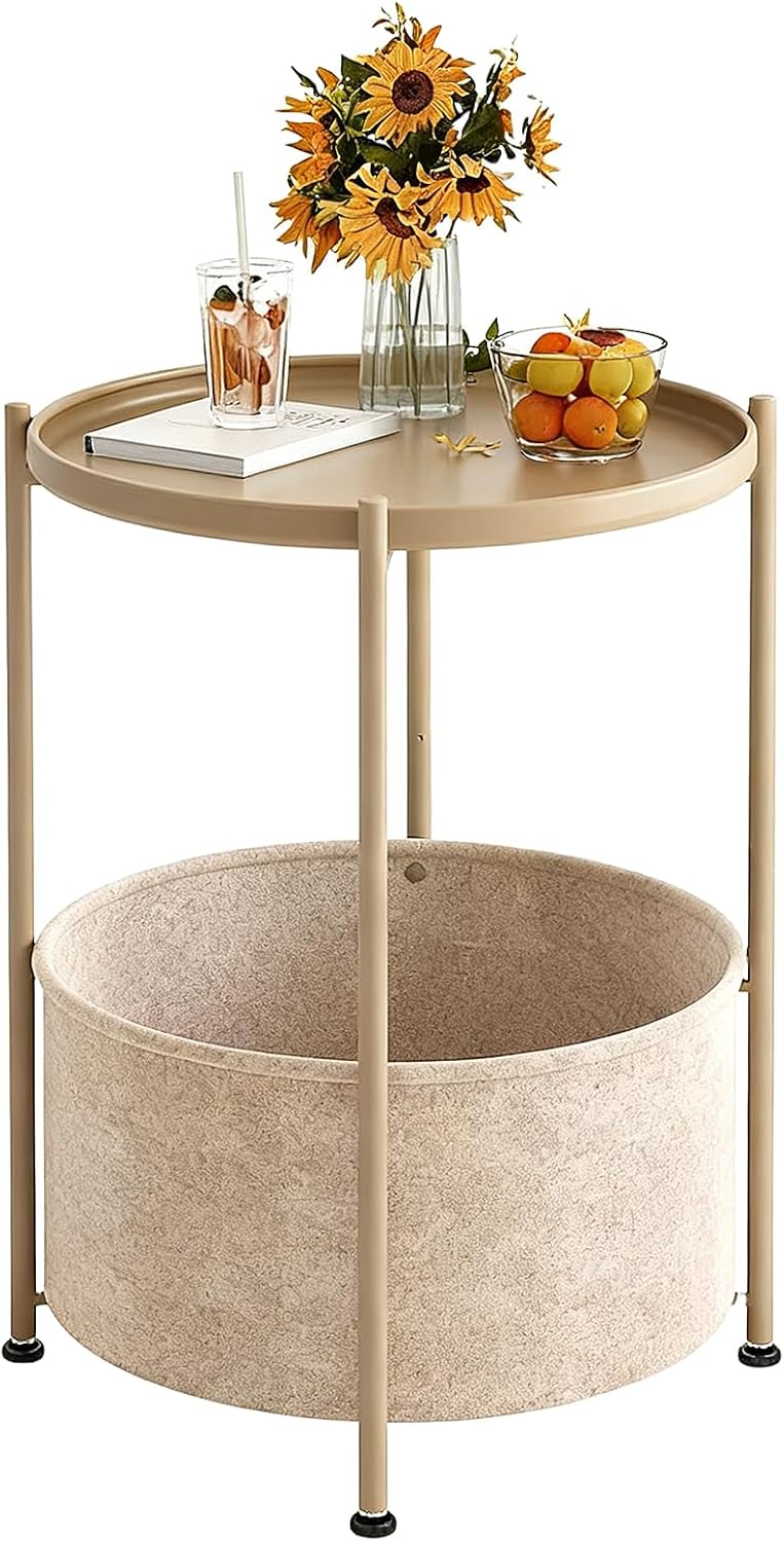 Small Round Side Table with Felt Storage Basket, Metal End Table with Removable Tray and Adjustable Feet, Accent Table for Nursery, Bedroom, Living Room, Laundry Room, Gold
