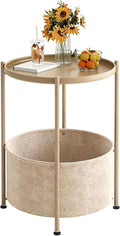 Small Round Side Table with Felt Storage Basket, Metal End Table with Removable Tray and Adjustable Feet, Accent Table for Nursery, Bedroom, Living Room, Laundry Room, Gold