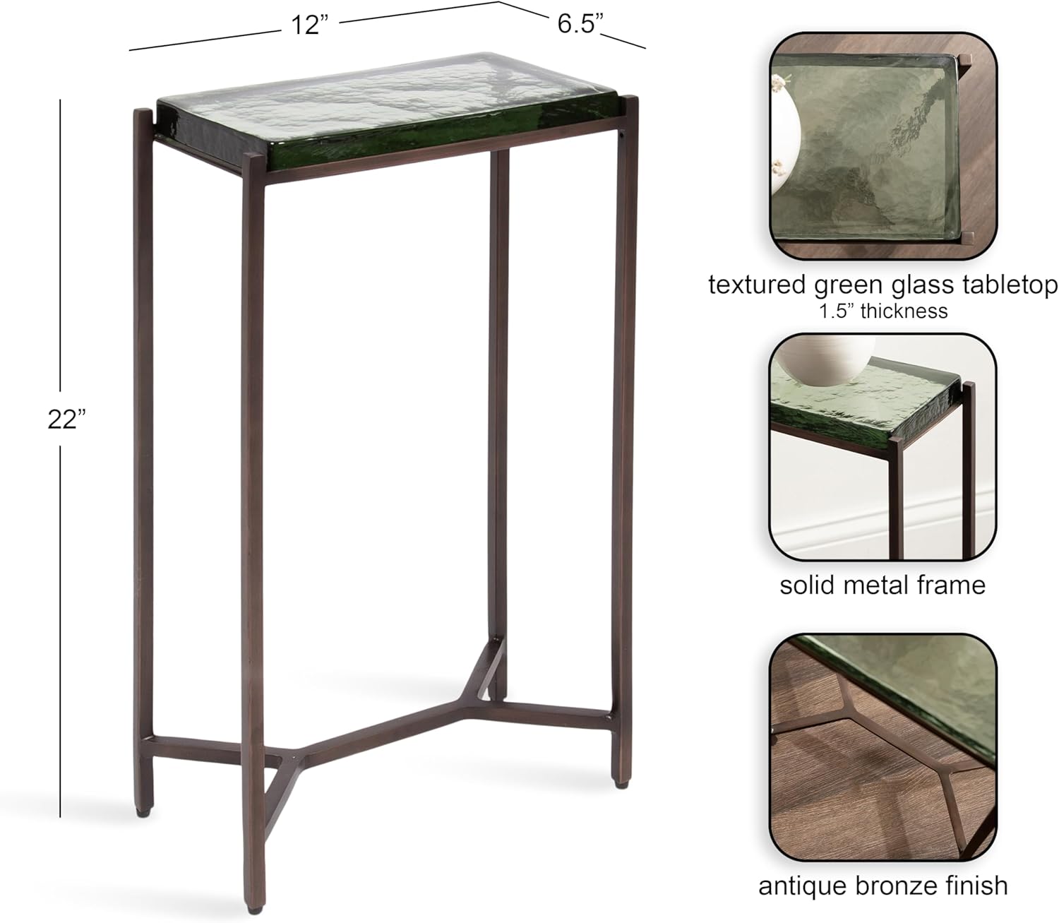 Kate and Laurel Aguilar Modern Glam Slim Side Table, 12 x 7 x 22, Green Glass and Bronze, Decorative Narrow End Table for Use as Skinny Bedroom Nightstand or Living Room Accent