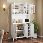 70.87" Kitchen Pantry Cabinet, 39.37" W Kitchen Hutch with Microwave Stand, Wooden Buffet Cabinet with Glass Doors Freestanding Kitchen Cupboard Buffet Cabinet for Kitchen Dining Room, White