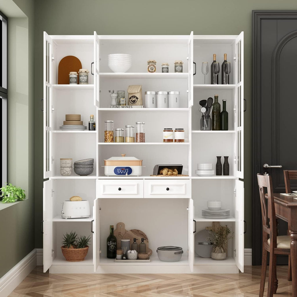 AIEGLE Large Kitchen Pantry Storage Cabinet, Microwave Hutch, Freestanding Cupboard with Glass Doors & Drawers, Utility Cabinet, White, 63"W x 15.7"D x 78.7"H, X-Large