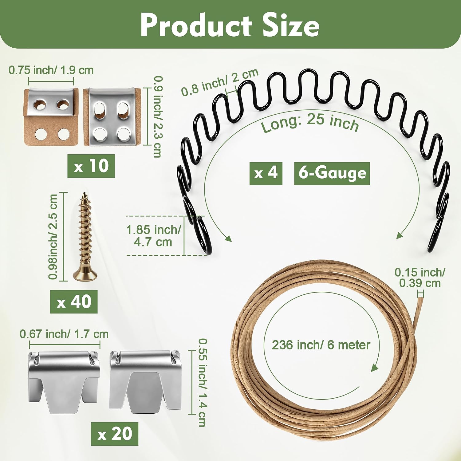 25" Couch Spring Repair Kit, 4Pack Upholstery Spring Seat Repair | for Fixing Sagging Sofa Recliner, 236” Stay Wire/ 4P Springs/ 10P Clips/ 20P Stay Wire Clips/ 40P Nails