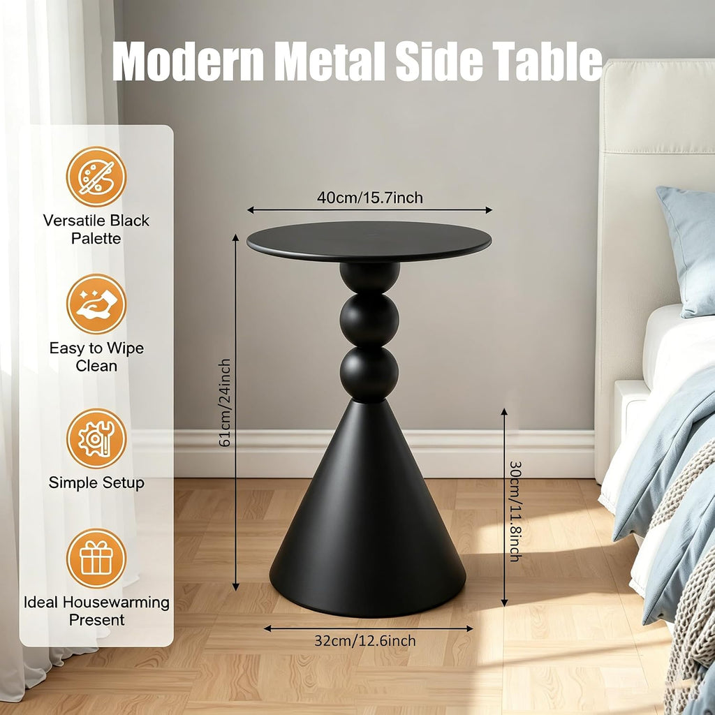 Modern Metal Side Table, Small Black/White End Table 15.7" Round Coffee Table TV Tray for Living Room Bedroom Office (Black)