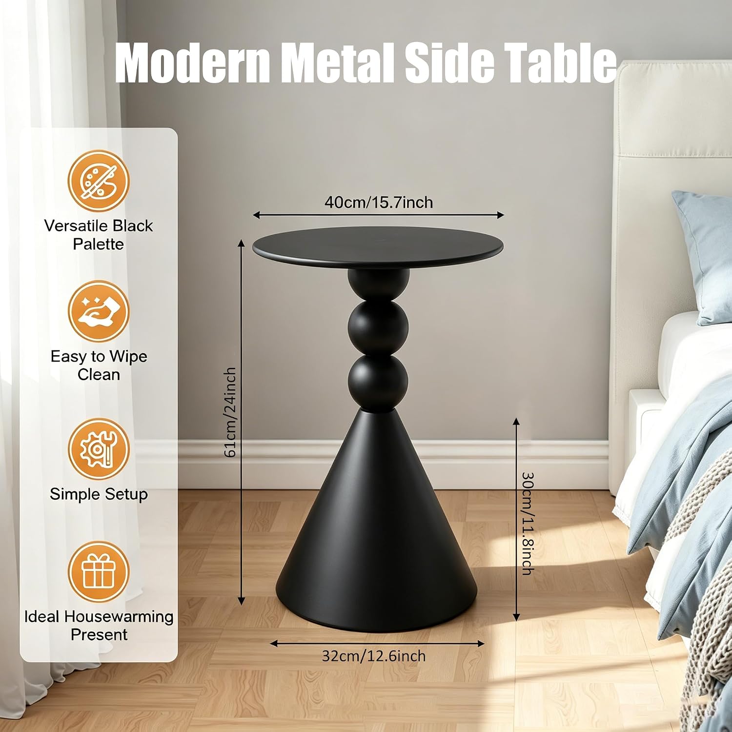 Modern Metal Side Table, Small Black/White End Table 15.7" Round Coffee Table TV Tray for Living Room Bedroom Office (Black)