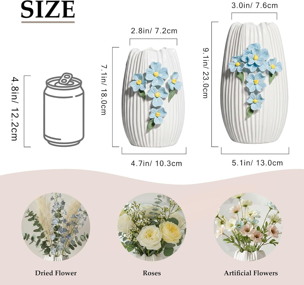 White Ceramic Vase - 7 inch Small Boho Vases Home Decor, 3D Floral Modern Vase for Pampas Grass, Centerpieces for Table, Kitchen, Living Room, Bathroom Decor