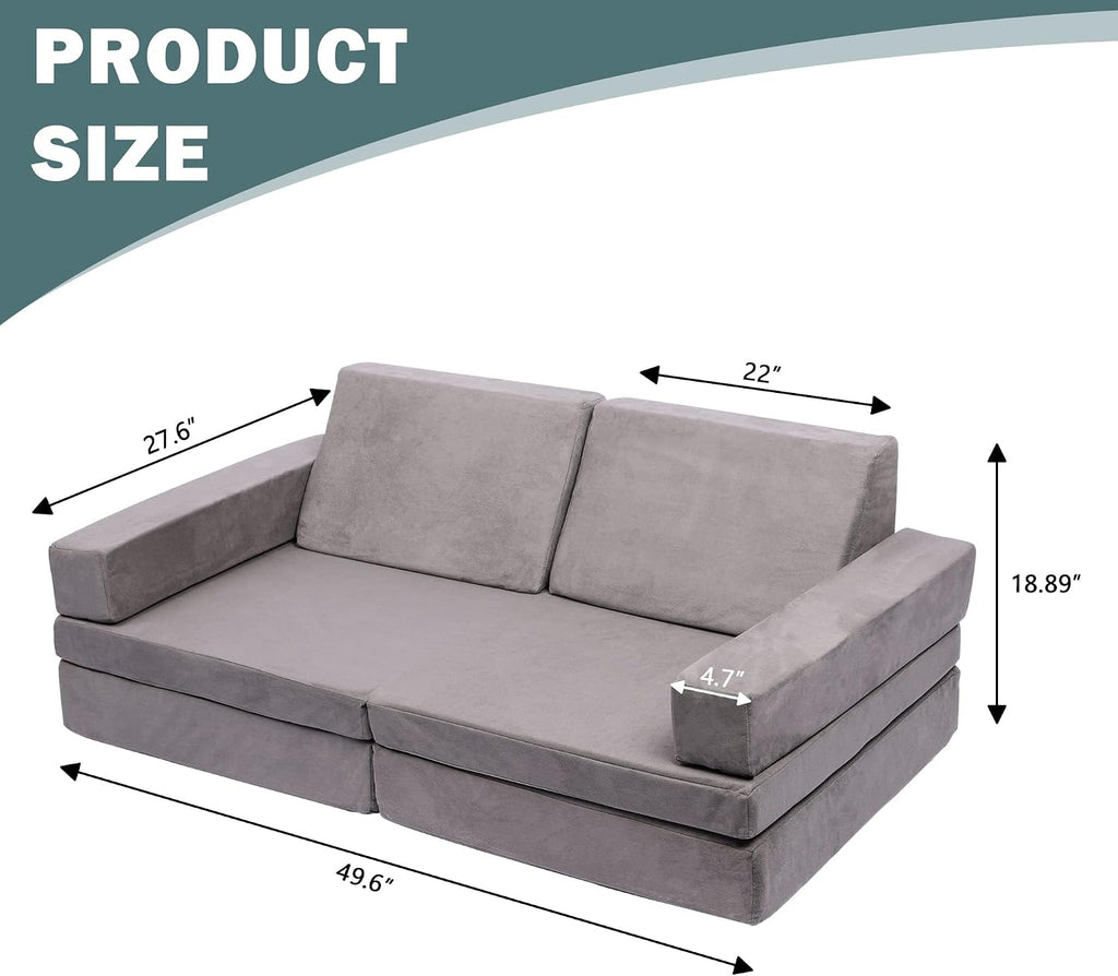 Betterhood Modular Kids Play Couch, Kids Couch Building Fort for Playroom, Children Convertible Foam Cushion for Boys and Girls (Square Armrest, Grey)