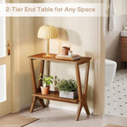 Solid Wood End Table for Living Room, 2-Tier Storage Shelves Sofa Couch Side Table with Sturdy Legs, Wooden Narrow Retro Nightstand for Small Spaces, Bedroom, Apartment