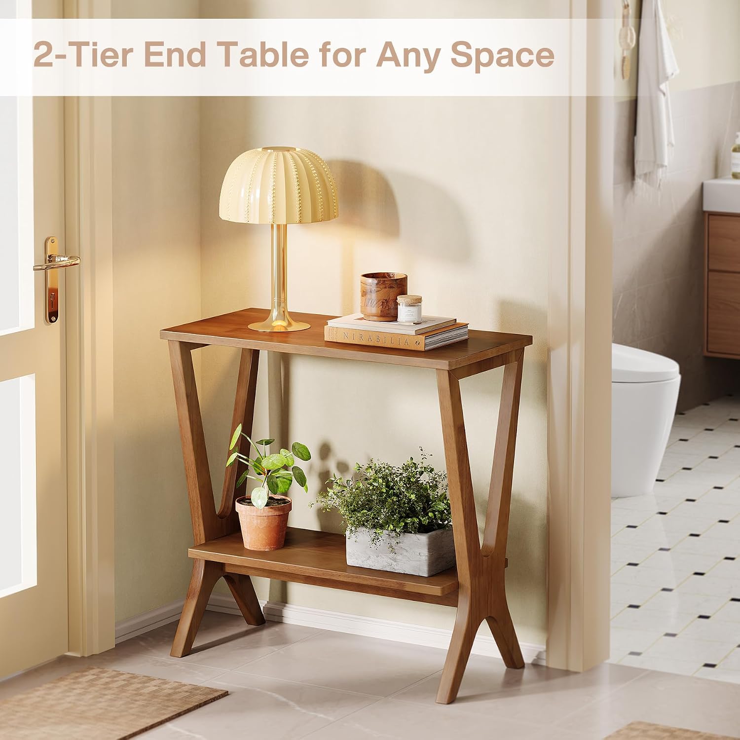 Solid Wood End Table for Living Room, 2-Tier Storage Shelves Sofa Couch Side Table with Sturdy Legs, Wooden Narrow Retro Nightstand for Small Spaces, Bedroom, Apartment