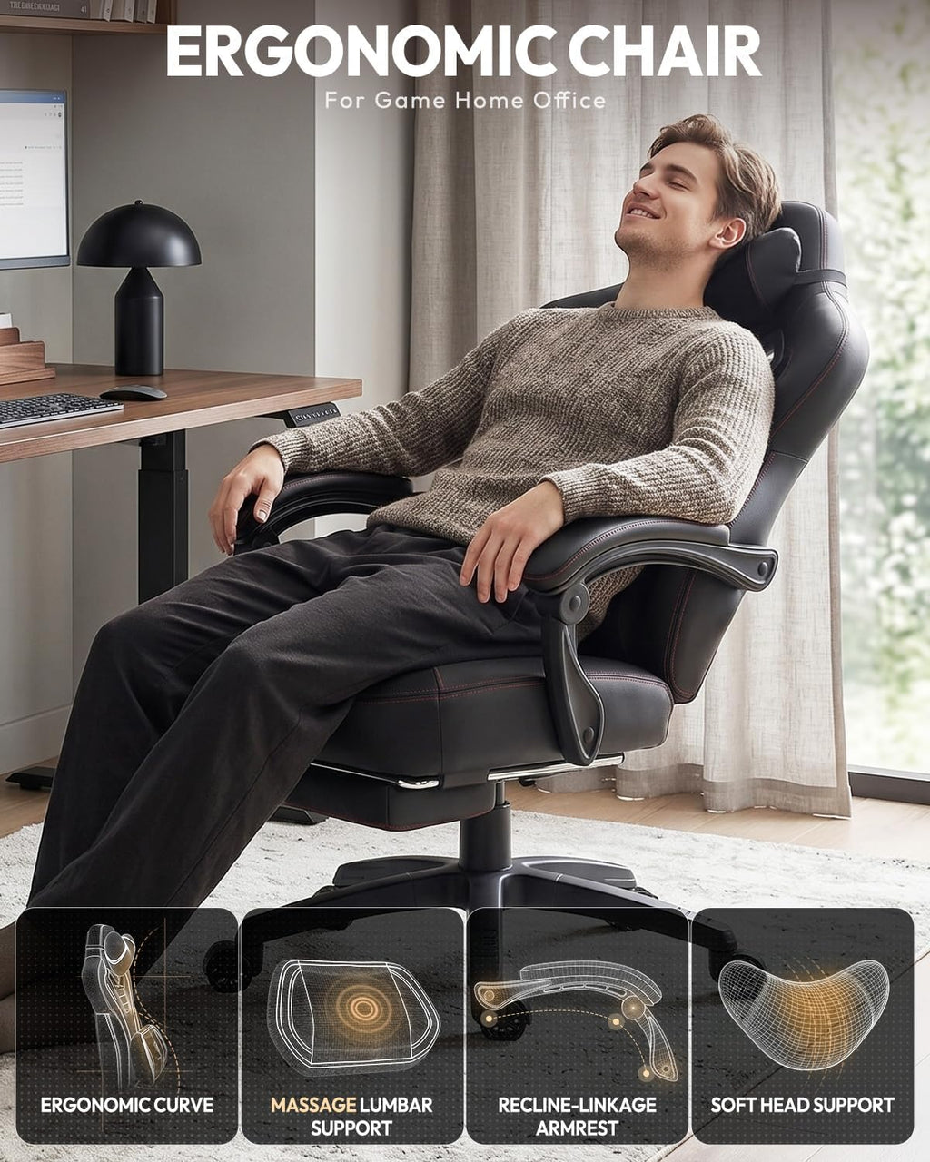 Dowinx Gaming Chair with Footrest, Big and Tall Gaming Chair for Heavy People, Ergonomic Gaming Chair for Adults, Reclining Computer Game Chair with Massage Lumbar Support, Black