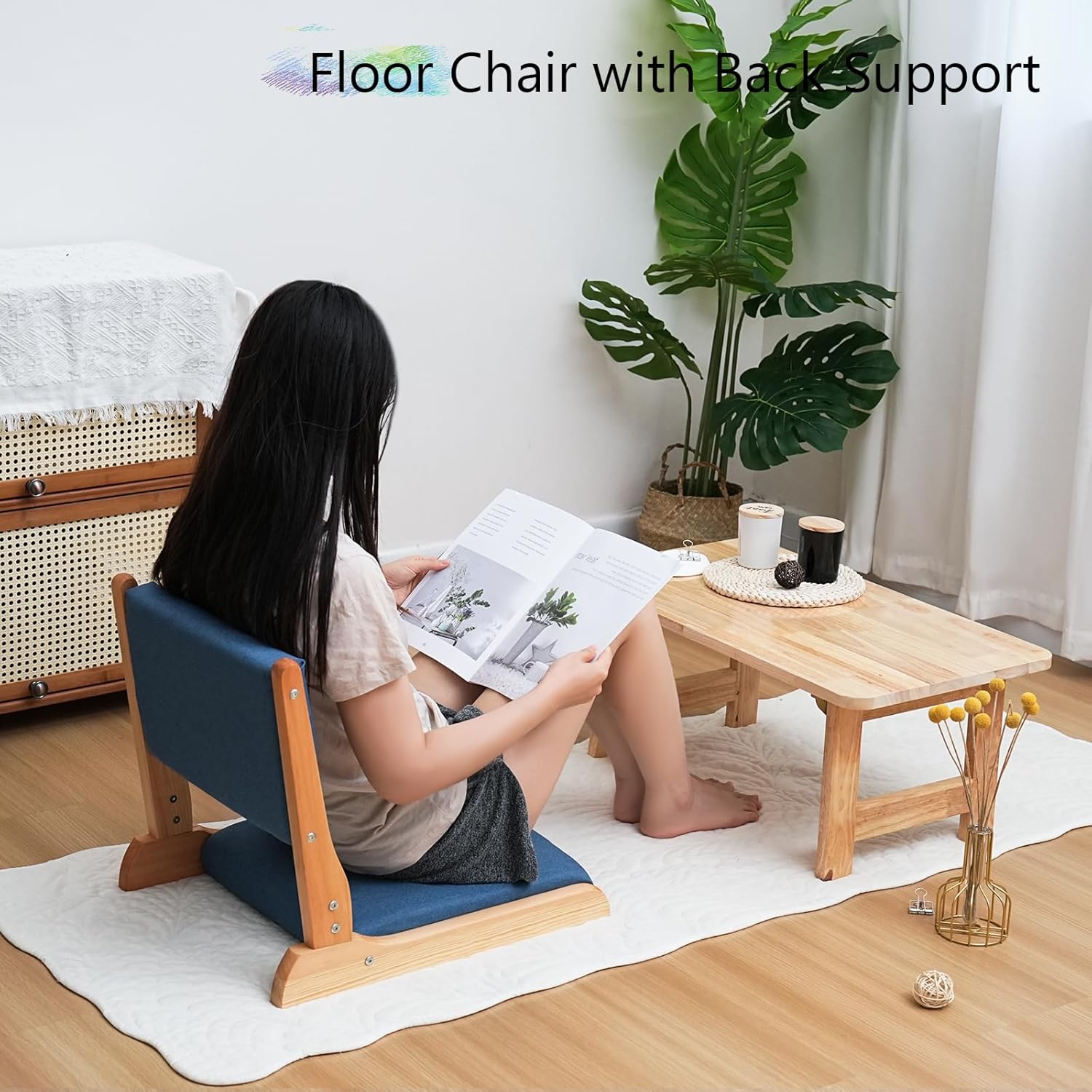 Japanese Floor Chair with Back Support, Foldable Meditation Chair, Legless Tatami Chair with Cushion, Floor Seat for Living Room, Bedroom, Bay Window (2, Blue)