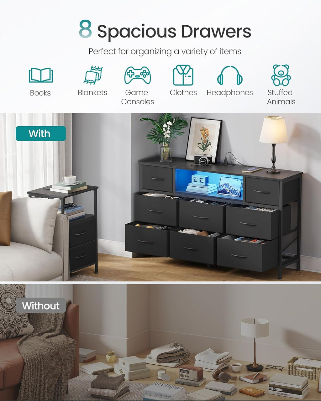 SONGMICS BELLAH Collection - Dresser for Bedroom with Outlets and LED Lights, TV Stand for TVs Up to 55 Inches, Chest of Drawers, 8 Drawers, Steel, Industrial, Modern, Ink Black ULGS433BH02S