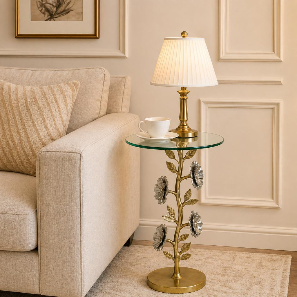 Flower Side Table with Glass Top | Decorative Sculptural End Table | Aluminum Base | Accent Table for Living Room | 16x16x23.75