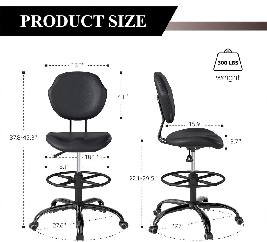 Drafting Chair with Back Support, Tall/High Desk Rolling Stool with Footrest Ring, Faux Leather Office Chair with Height Adjustable for Standing Desk, Home Office, Bar, Workbench & Kitchen(Black)
