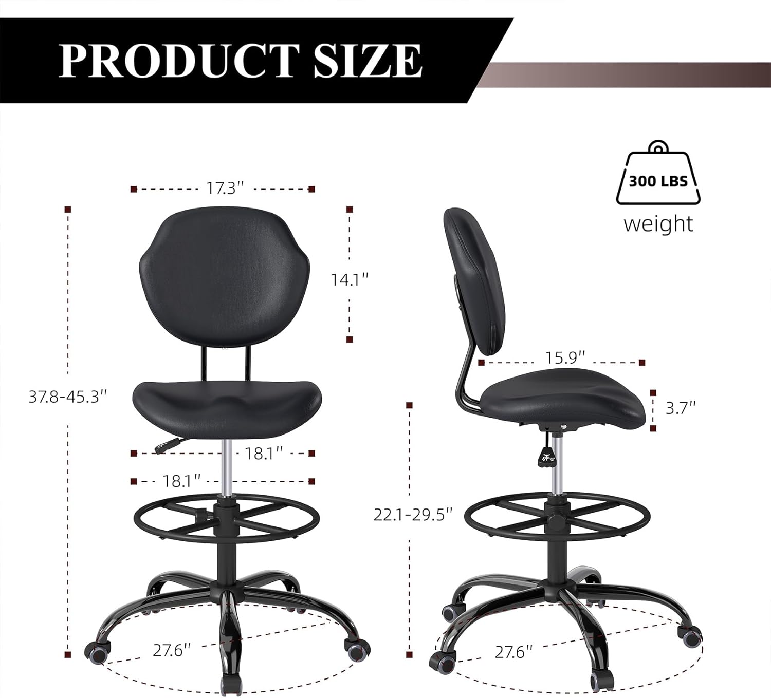 Drafting Chair with Back Support, Tall/High Desk Rolling Stool with Footrest Ring, Faux Leather Office Chair with Height Adjustable for Standing Desk, Home Office, Bar, Workbench & Kitchen(Black)