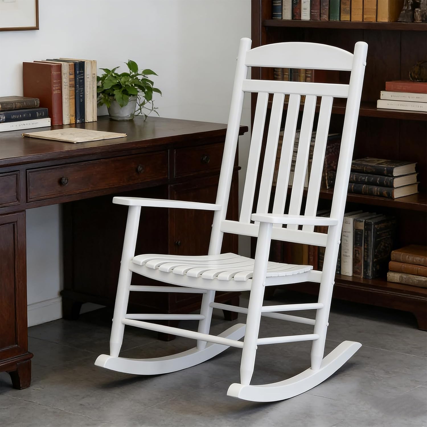 Wooden Outdoor Rocking Chair, Weatherproof Oversized Rocking Chair, Heavy Duty Comfort with 450 lbs Weight Capacity, Solid Relaxing Rocker with High Back for Patio, Porch, Living Room (white)