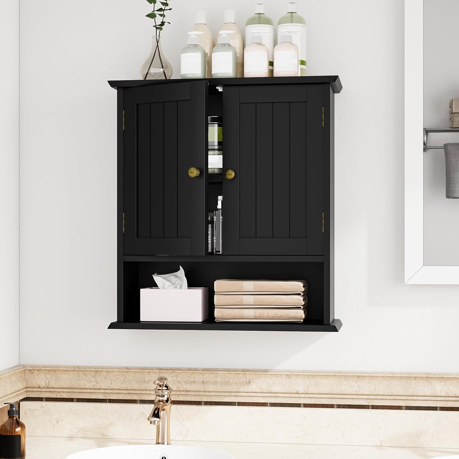 Bathroom Wall Cabinet, Bathroom Cabinet Wall Mount with 2 Doors and Open Shelf, Over The Toilet Wall Storage, Wooden Medicine Cabinets