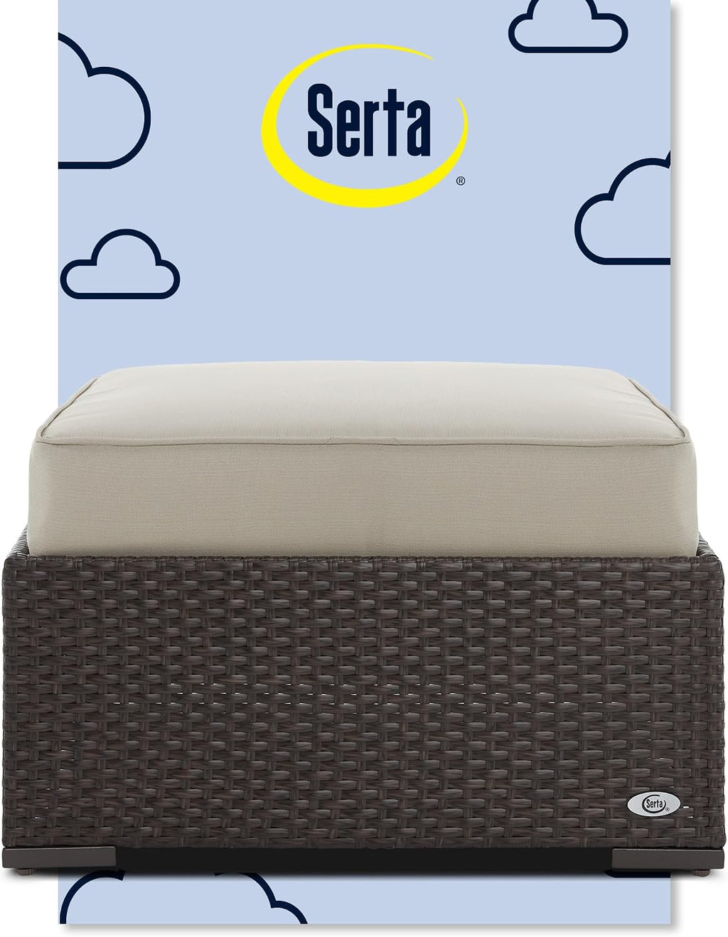 Serta Laguna Brown Wicker Outdoor Patio Ottoman with Beige Cushion for Deck, Porch, Backyard or Patio Seating