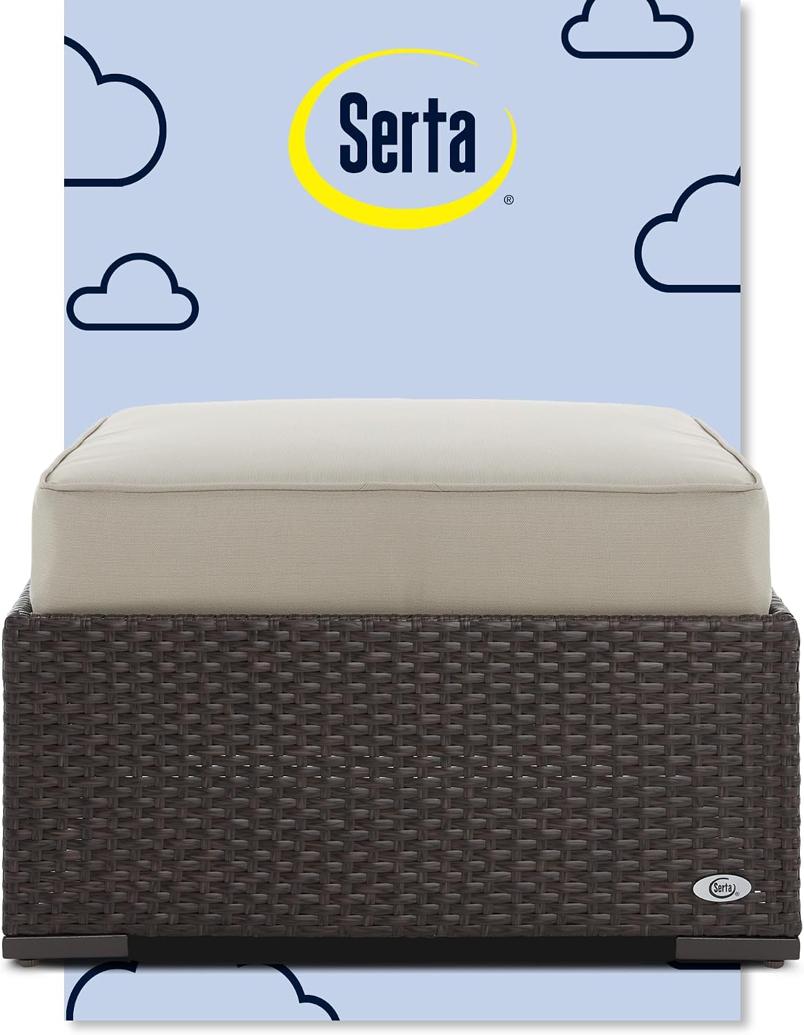 Serta Laguna Brown Wicker Outdoor Patio Ottoman with Beige Cushion for Deck, Porch, Backyard or Patio Seating