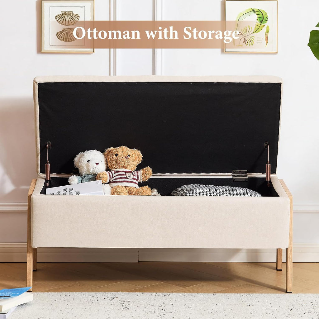 Furniliving Storage Bench for Bedroom, Modern End of Bed Storage Ottoman Bench, Upholstered Linen Ottoman Benches, Folding Bedroom Ottoman for Living Room, Entryway, Beige