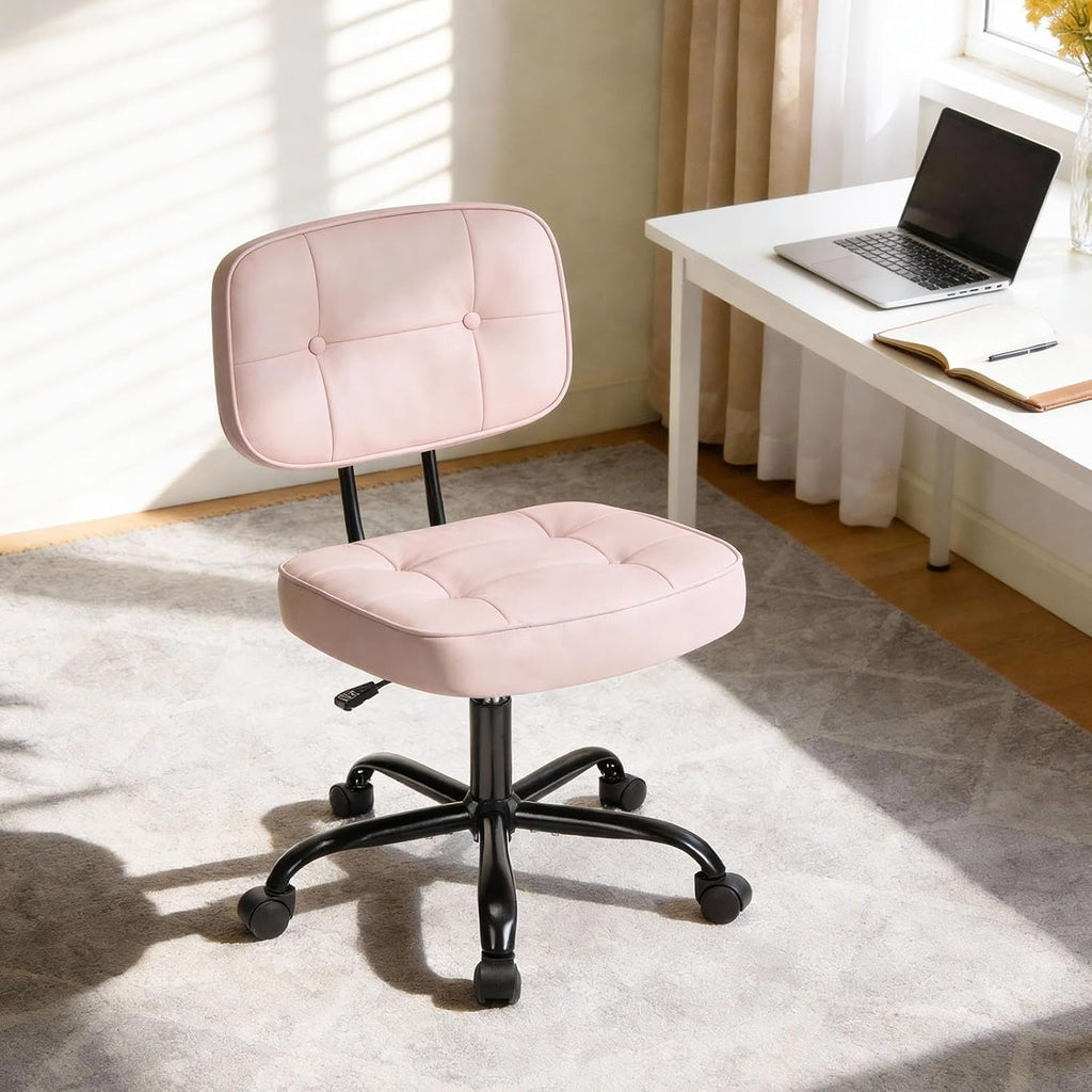 DUMOS Home Office Desk Chair - Ergonomic Armless PU Leather Computer Rolling Task Chair，with Comfy Lumbar Support and Height Adjustable, 360° Swivel, Vanity, Bedroom, Pink