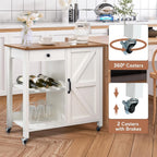 4 EVER WINNER Rolling Kitchen Island with Storage, Farmhouse Kitchen Cart with Drawer and Door, Wine Rack and Adjustable Shelf, Microwave Cart for Kitchen, Dining Room, White