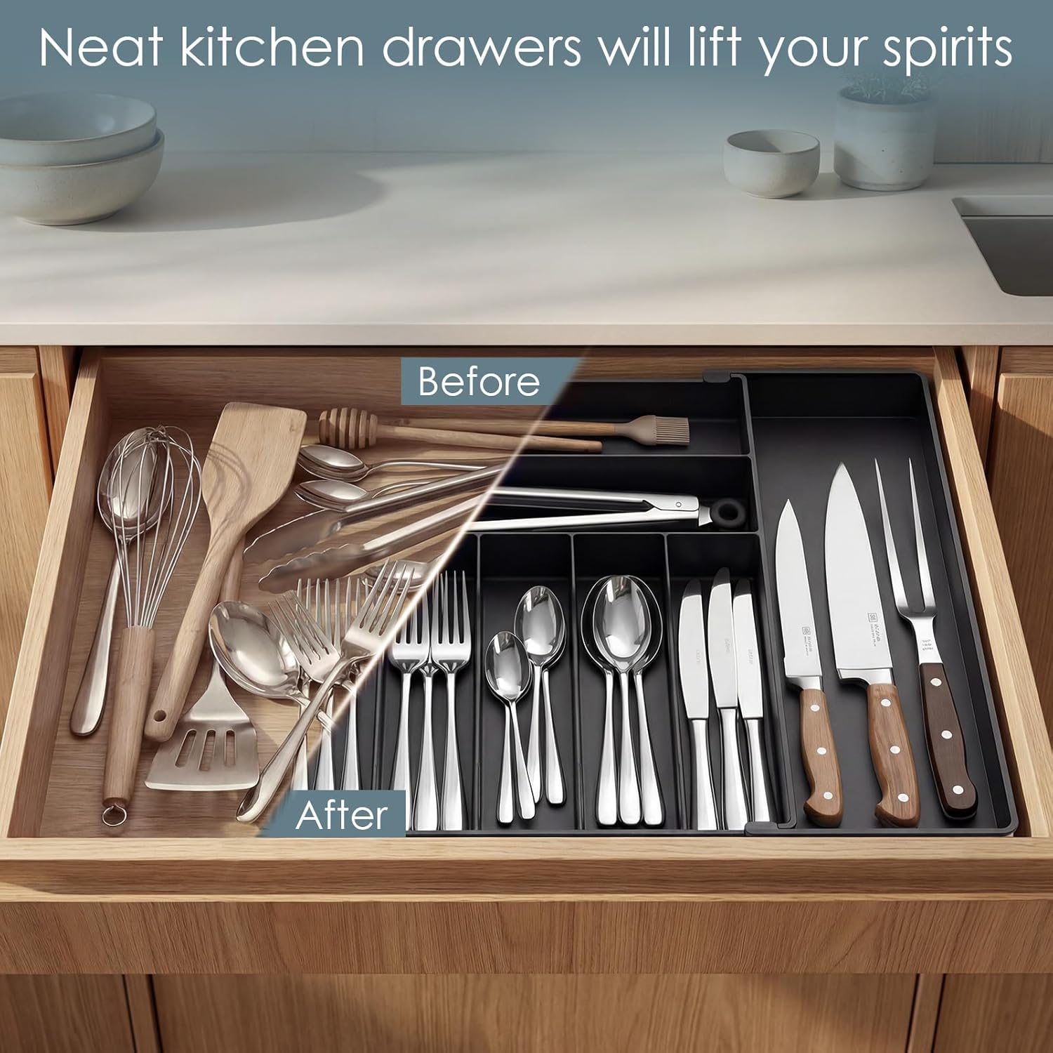 Extra Large Silverware Organizer, 9 Slot Expandable Kitchen Drawer Organizer, Utensil Holder, Heavy Duty Stainless Steel Frame Silverware Drawer Organizer, 8 Non-Slip Feet Included, BPA Free, Black