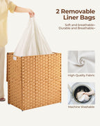 Greenstell Laundry Hamper with lid, No Install Needed, 110L Wicker Laundry Baskets Foldable 2 Removable Liner Bags, 2 Section Clothes Hamper Handwoven Rattan Laundry Basket with Handles, Natural