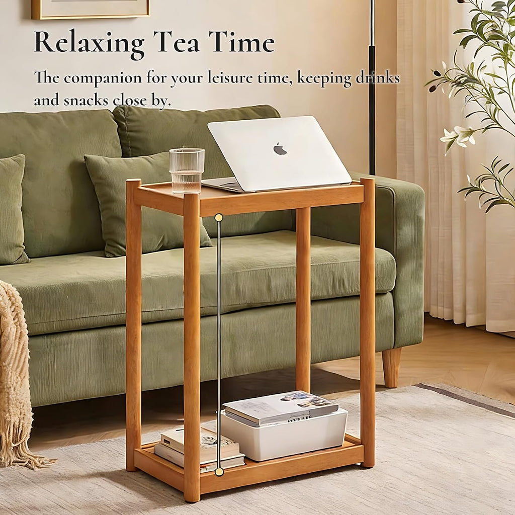 Side Table, Solid Wood Narrow End Table with Storage Shelf and Wheels, 2-Tier Sofa Table for Living Room, Rubber Wood Indoor Plant Stand, 26.8 H x 11.8 W x 19.7 D Inches (Natural)