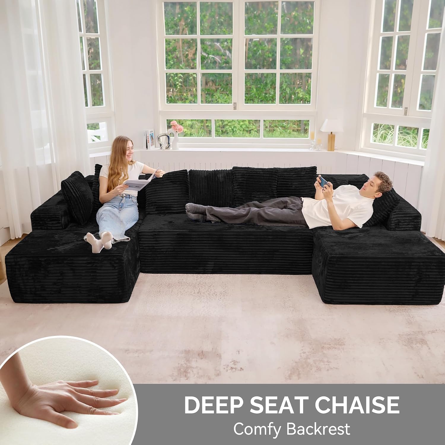 Luxanimarion 131'' Large Sectional Couches with Chaise, U Shaped Cloud Sofa, No Assembly Required Deep Seat Modular Lounge Bed for Living Room 1PCS, Bedroom