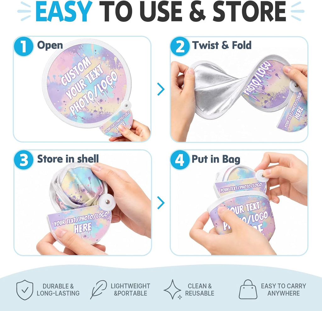 Custom Foldable Flying Disc Fans with Storage Pouches Bulk 100Pcs Personalized Round Handheld Fans with Logo/Photo/ Text personalized Portable Pocket Folding Hand Fans for Wedding Favors, Trade Shows
