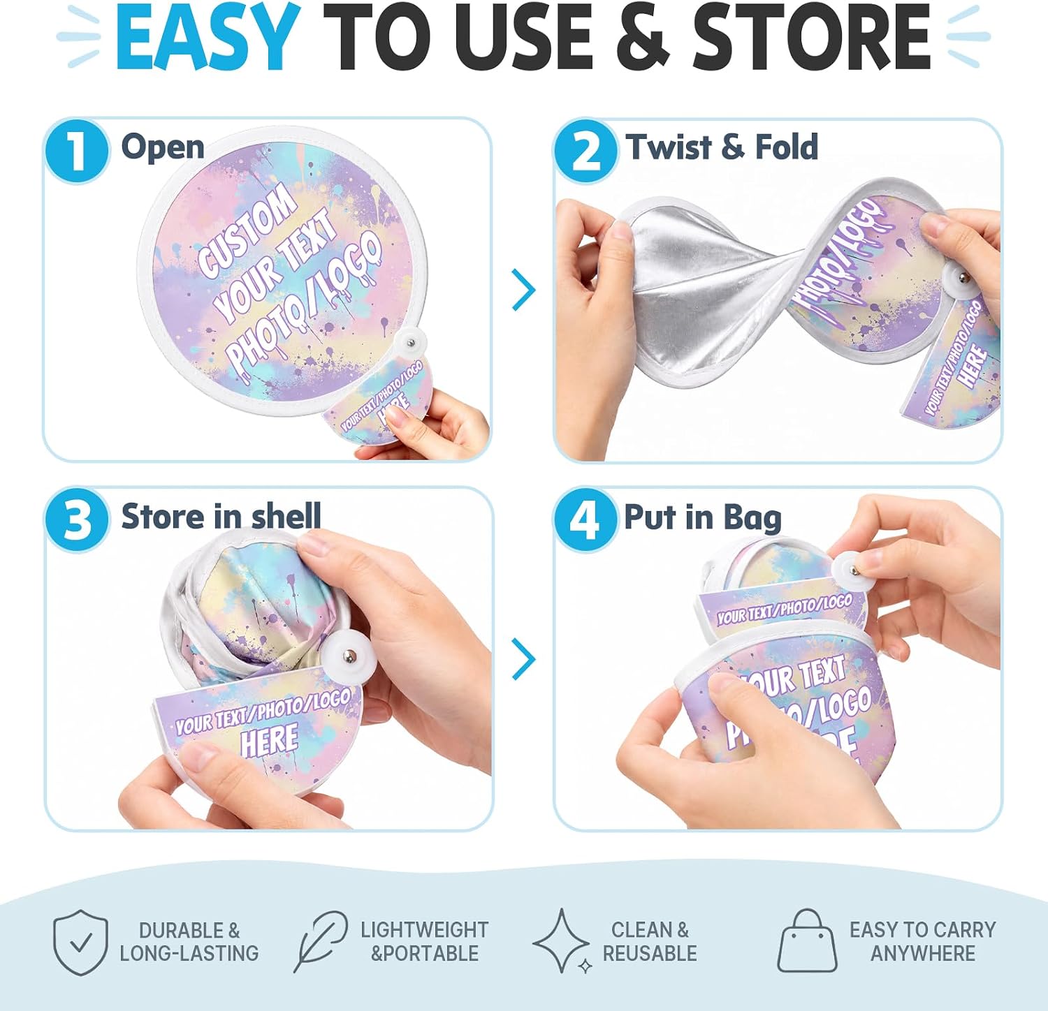 Custom Foldable Flying Disc Fans with Storage Pouches Bulk 100Pcs Personalized Round Handheld Fans with Logo/Photo/ Text personalized Portable Pocket Folding Hand Fans for Wedding Favors, Trade Shows