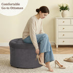ONBRILL 25" Ottoman with Storage, Round Pouf Ottoman Foot Rest, Small Storage Foot Stool for Couch Bedroom Living Room, Books, Blankets & Kid's Toy Box, Load up to 220 lbs, Grey