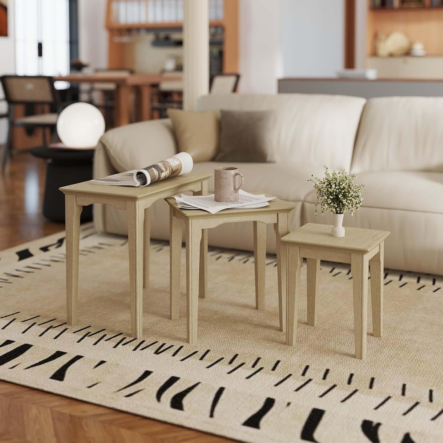 Kmax Nesting Tables Set of 3, Small Sofa Side Table Rustic Stacking End Table Rectangle Solid Wood Coffee Tables for Small Space - Ashes White