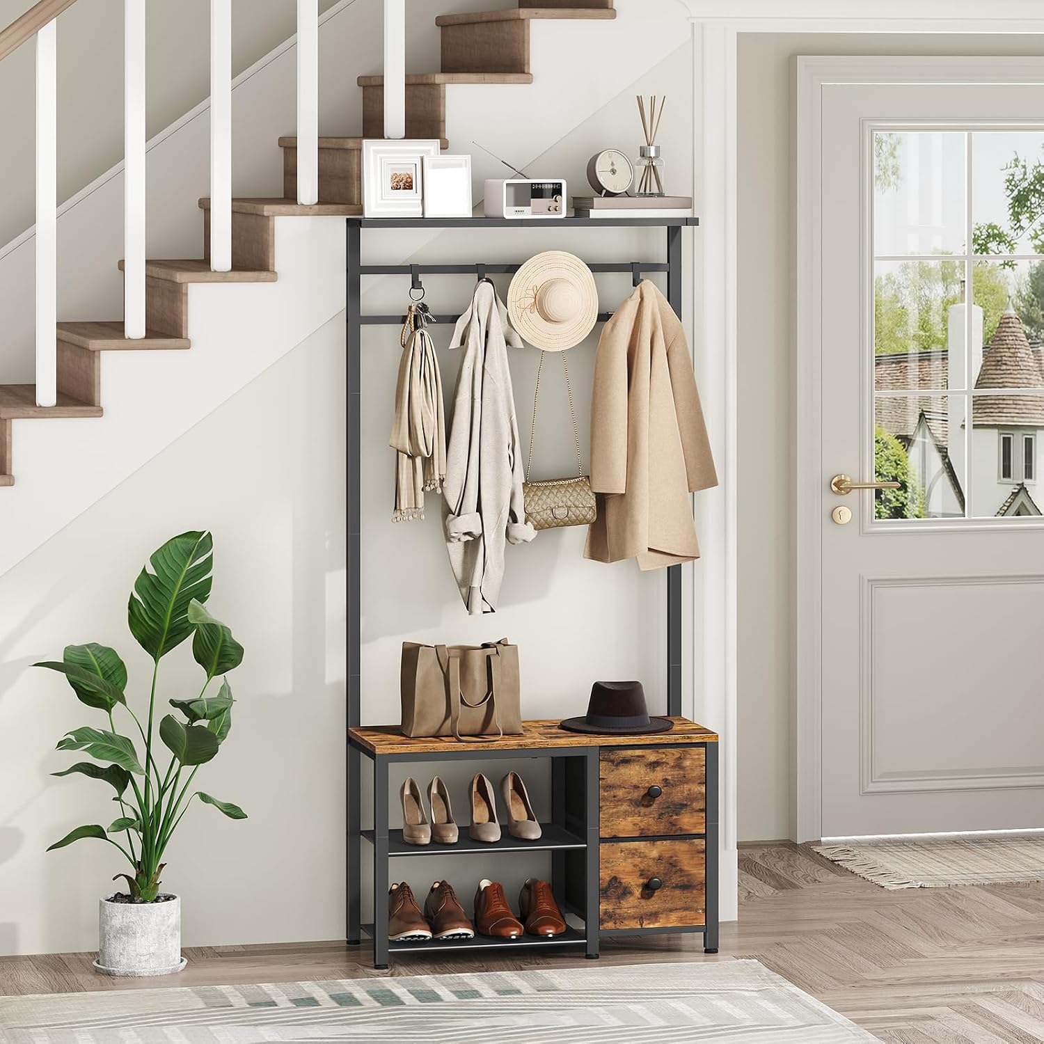YATINEY 5-in-1 Hall Tree with Drawers, Entryway Bench with 8 Adjustable Coat Rack and Shoe Storage, Industrial Coat Rack with Bench for Entryway and Front Door, Rustic Brown and Black MT06BR