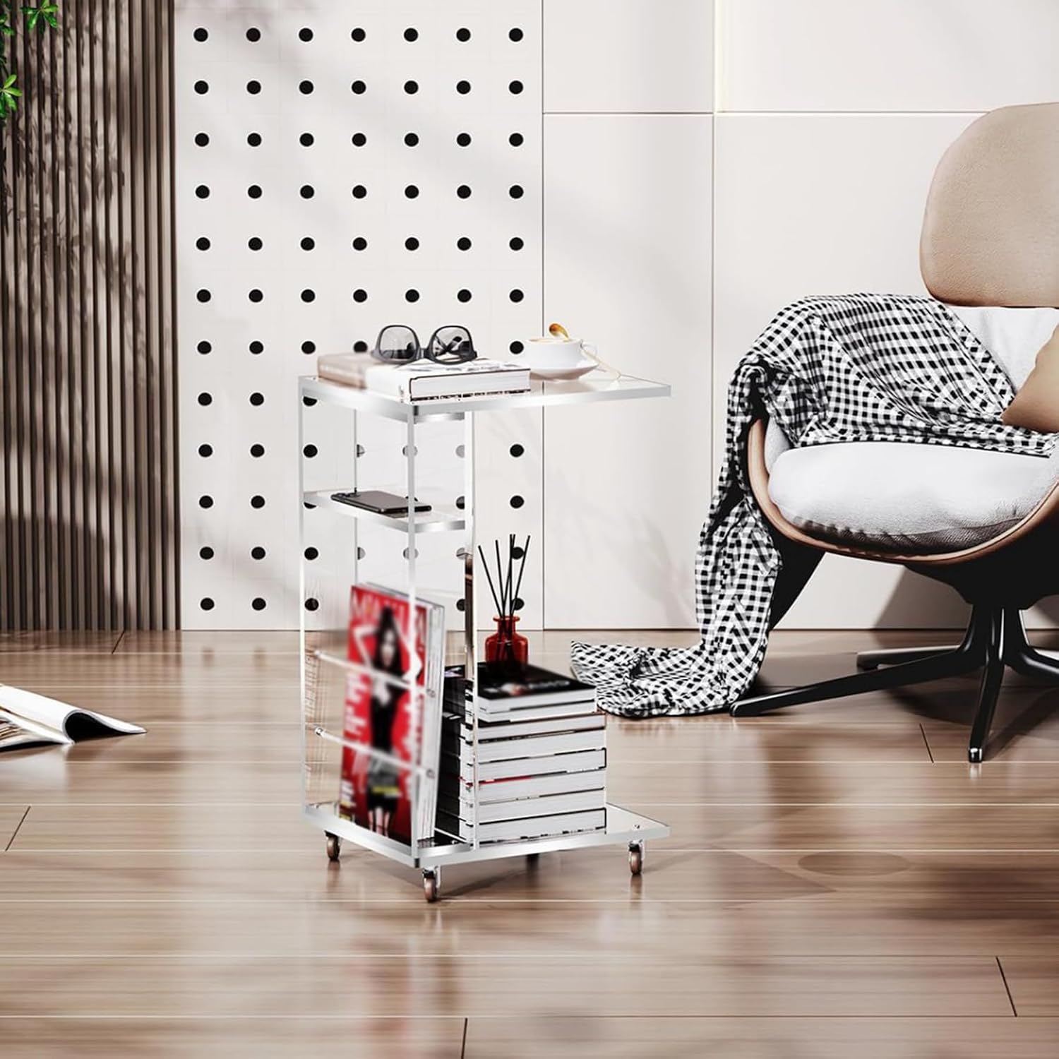 Acrylic Side Table with Storage and Lockable Wheels,C Shaped End Table,Small Coffee Table for Couch, Living Room, Bedroom,Clear