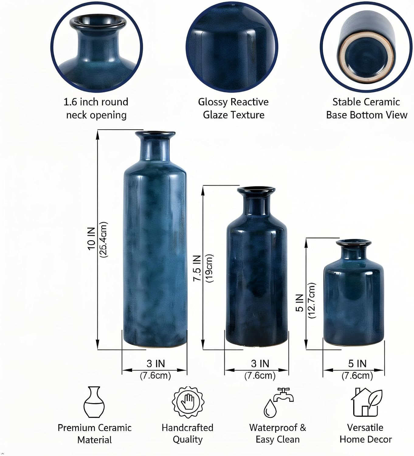 Mowtanco Blue Ceramic Vase Set of 3 Small Vases, Modern Farmhouse for Home Decor Bottles, Rustic Terracotta Vase Decorative Vases for Table,Fireplaces Decor, Bookshelf, Living Room