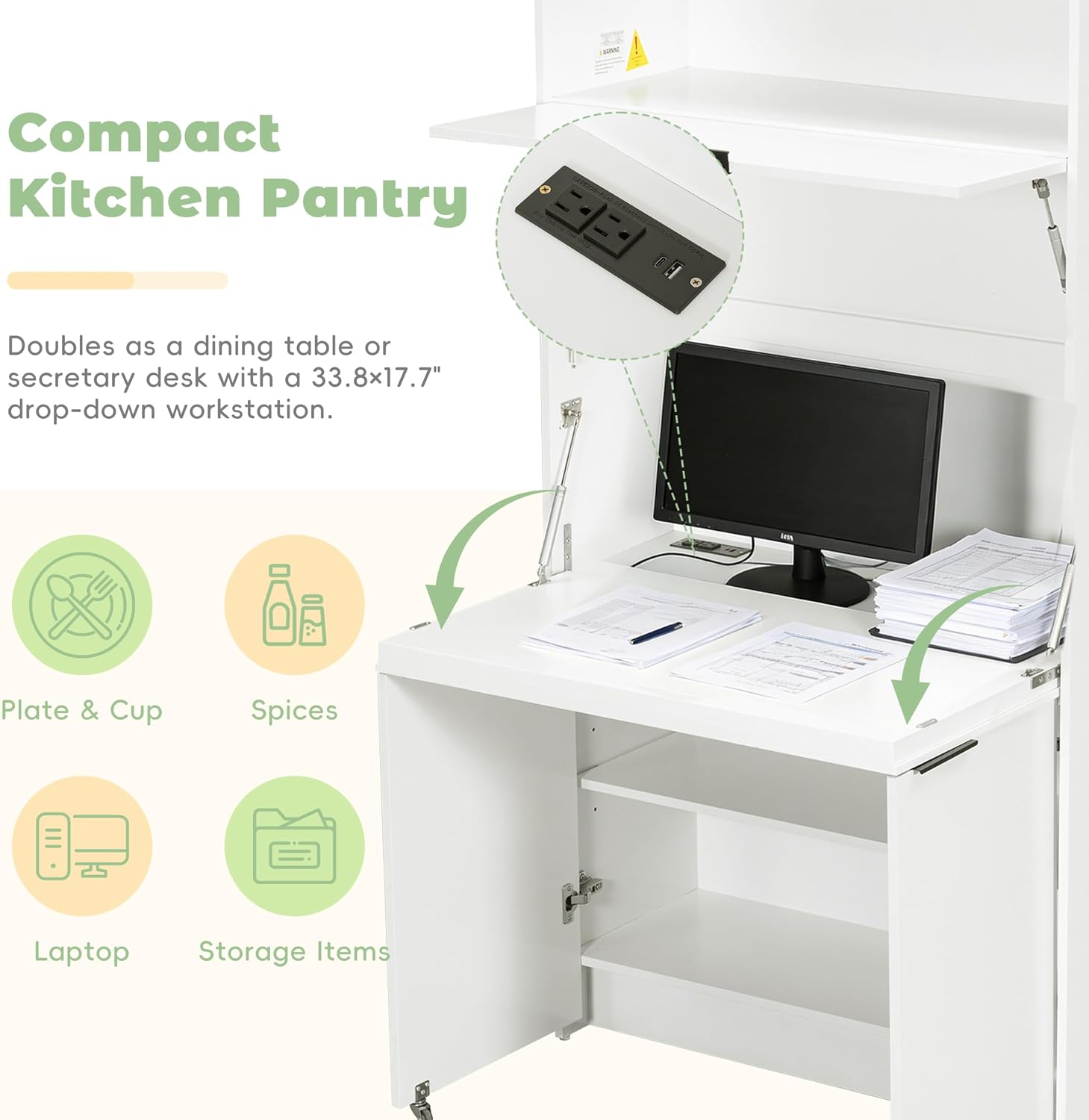 RuiSiSi 69" Kitchen Pantry Buffet with Hutch and and Foldable Workstation, Multifunctional Storage Cabinet with Adjustable Shelf and Charging Station for Dining, Living Room, White